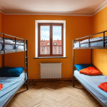 **A cozy hostel dorm room in Krakow, Poland. Bunk beds with travel backpacks, a window overlooking the old town, creating a backpacking vibe. Warm lighting.**