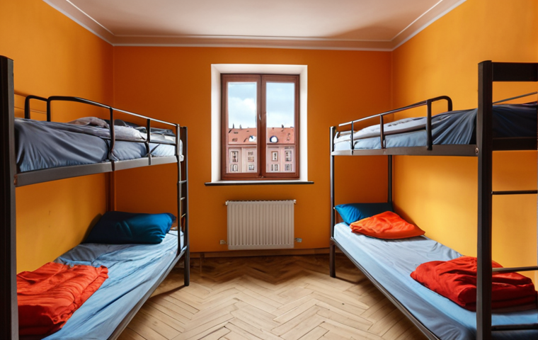 **A cozy hostel dorm room in Krakow, Poland. Bunk beds with travel backpacks, a window overlooking the old town, creating a backpacking vibe. Warm lighting.**