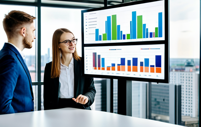 A diverse group of young, professional Polish individuals, fully clothed in modern business attire, collaborating in a sleek, bright co-working space in Warsaw. They are engaged in a discussion, looking at a large screen displaying charts and code. The background features a blurred view of the contemporary Warsaw skyline with modern high-rise buildings, symbolizing economic growth and innovation. The atmosphere is vibrant and focused on the future. perfect anatomy, correct proportions, natural pose, well-formed hands, proper finger count, natural body proportions, professional photography, high quality, sharp focus, volumetric lighting, safe for work, appropriate content, family-friendly, fully clothed.